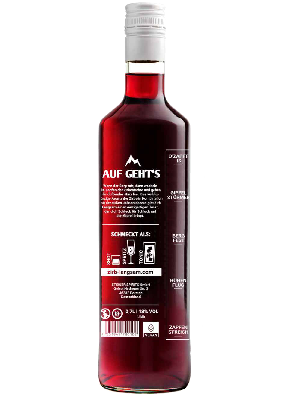 Rückseite der Flasche mit Gipfel-Skala